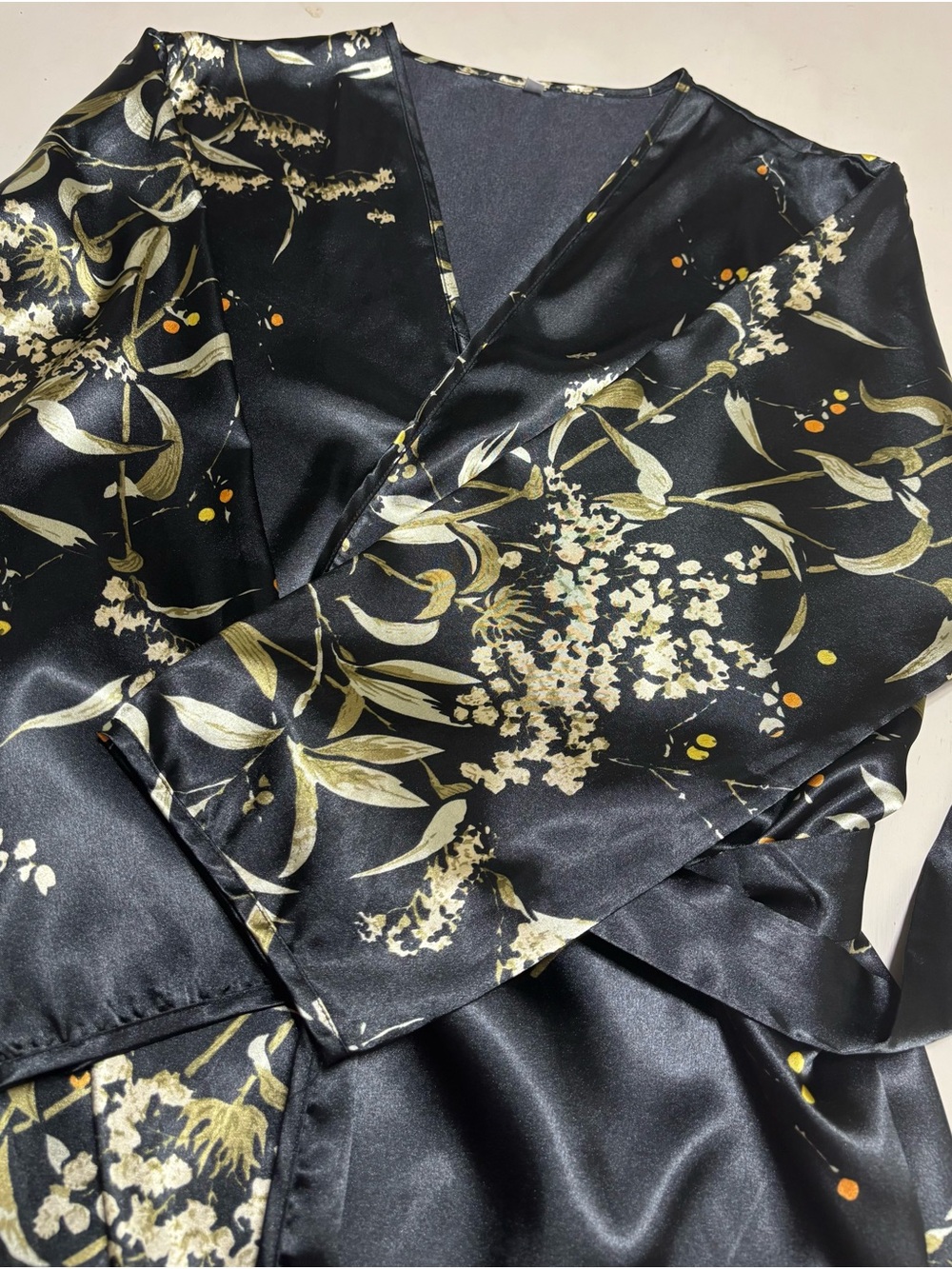 Satin Floral Wrap Robe in Black and Gold - Women's